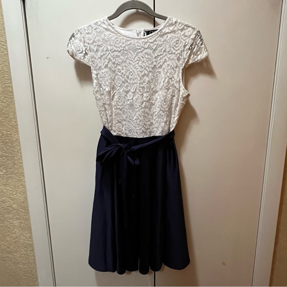 CBR White and Blue A-Line Midi Dress with Cap Sleeves
